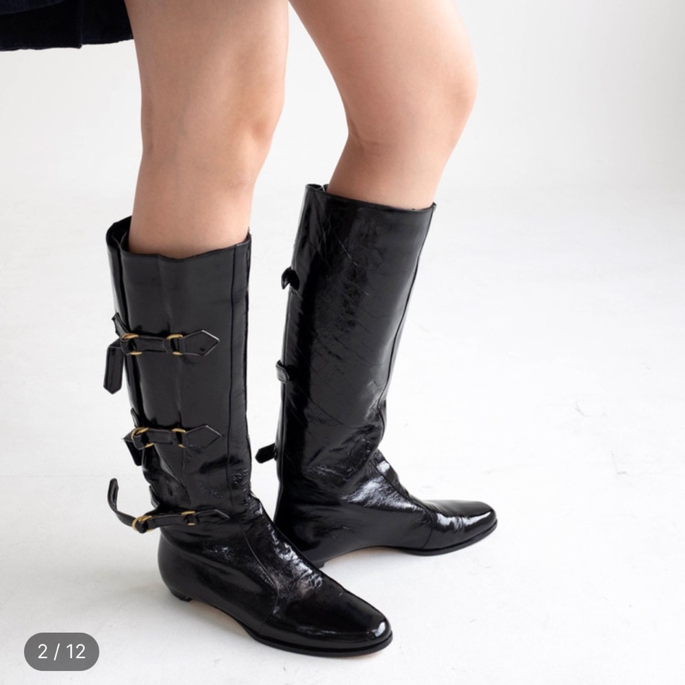 JIMMY CHOO Black Patent Leather Multi Buckle Flat Tall Boots Size 40